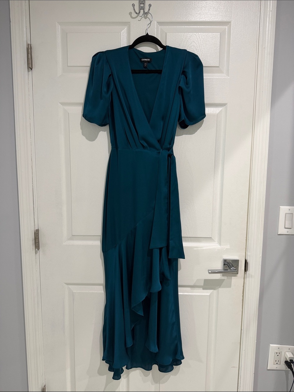 Express Teal Wrap High-Low Dress with Puff Sleeves